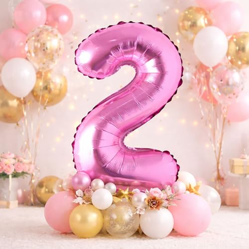 Image of Rozi Decoration 32 Inch Pink Number 2 Foil Balloon - Large Metallic Gradient Party Decoration Balloon for Birthday, Anniversary & Events | Easy Inflate & Hang | Reusable Celebration Pack of 1 Pcs
