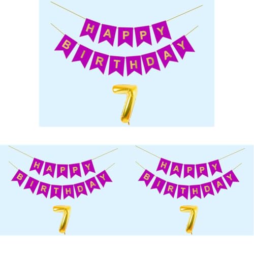 Image of 7th Happy Birthday Decoration Kit Purple for 7 year Old Boys Girls Kids with Number Seven Party Decorations Decor Celebration Items Item Set Combo Reusable Paper Banner (Pack of 3)