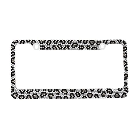 BLVD-LPF OBEY YOUR LUXURY Leopard Grey/Black/Clear Crystal Rhinestones Metal Chrome License Plate Frame with Crystal Screw Caps - 1 Frame Cover
