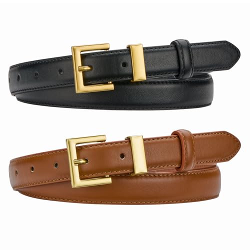 2 Pack Women's Leather Belts for Jeans Pants Dresses Fashion Ladies Wasit Belt with Square Golden Buckle