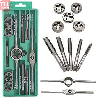 THS 12pcs Threading Tap & Die Set M6-M12,Metric Sizes,Tap & Dies With Tap Wrench & Round Die Handle Complete Set