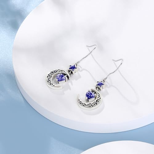 Shysnow Moon Birthstone Earrings for Women 925 Sterling Silver Half Moon Star Dangle Drop Earrings with Heart Crystal Birthday Jewelry for Women3