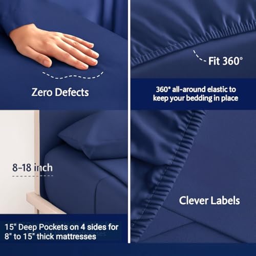 Image of 600 TC 100% Egyptian Cotton Fitted Sheet for Supper King Bed Size Fitted Bed Sheet with Pillow Cover for Bedroom, Soft Hotel Quality Size - 78 x78+12 Navy Pillow Size -18 x 28 Inch