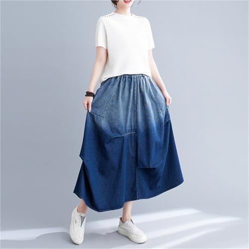 Fashion Gradient Color Ruched Midi Denim Skirt for Women Elastic High Waist Casual Loose A-line Skirt with Pockets3