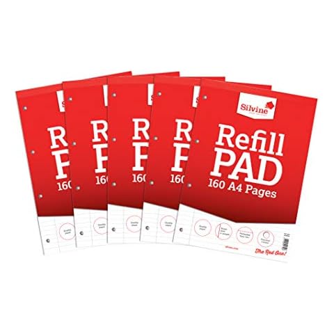 Silvine 160 Page A4 Refill Pad, Head Bound and Punched 4 Holes. Ruled 8mm Feint with Margin [Pack of 5], White Cover