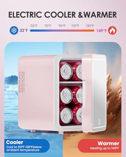 Image of CUTIEWORLD Skincare Fridge with Dimmable LED Light Mirror, 4L Mini Fridge For Desktop, Travel or Cool & Heat, Makeup Fridge for Cosmetics, Skin Care and Food, Pink