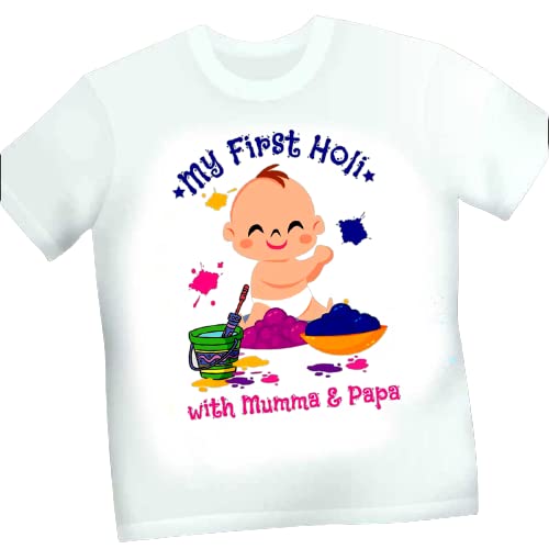 DDL Printed Holi T-Shirt Round Neck White/Dry-Fit/T-Shirt for Baby, Kids, Girls, Boys