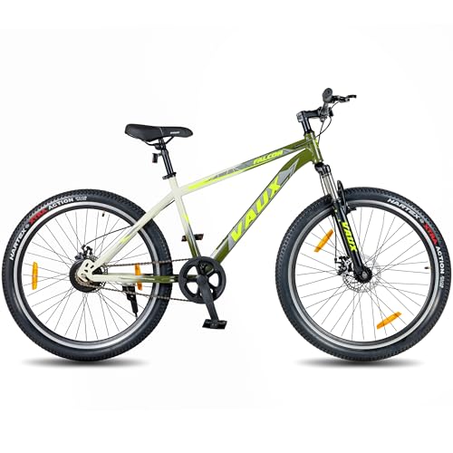 Image of Vaux Falcon MTB Cycle for Men 27.5T with Double Disc Brakes & Front Suspension, 27.5 inch Single Speed Mountain Bicycle for Adults with 17 inch Steel Frame, Double Alloy Rims & Nylon Tyres(Army-Green)