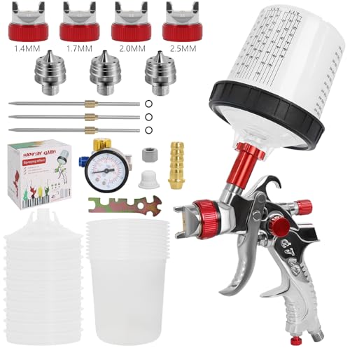 Potufa Pistolet à Peinture HVLP Professionnel avec 4 Buses (1,4/1,7/2,0/2,5 mm), Gobelet 600 ML et 10 Gobelets Jetables – Kit Pulvérisateur pour Voiture,...