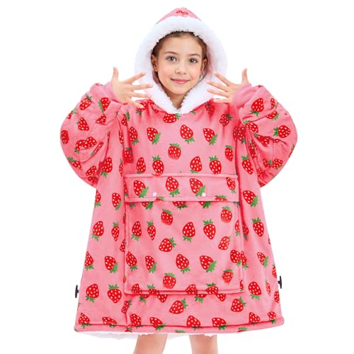 yescool Wearable Blanket Hoodie Kids, Oversized Blanket Sweatshirt with Sherpa Teen Girl Gifts for Kids, Youth, Boys, Girls, 8-15 Year Old Girl Boy Gift Warm Wearable Blankets, One Size, Strawberry