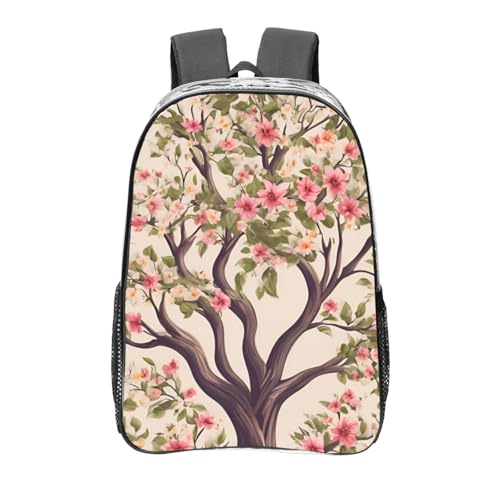 Floral Tree Print Work Travel Stadium Events Transparent Backpack PVC Clear Bag Large Side Pockets