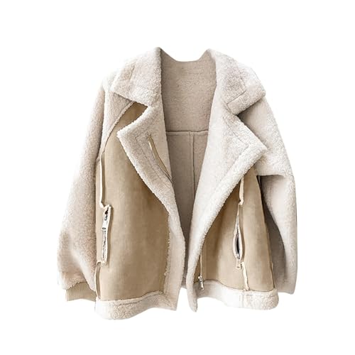 Genérico Abrigo Borreguito Mujer Winter Coats For Women 2024 Casual Fleece Jacket Soft Warm Short Lambswool Biker Jacket Jackets With Pockets Parka Mujer Invierno Talla Grande (Beige, M)