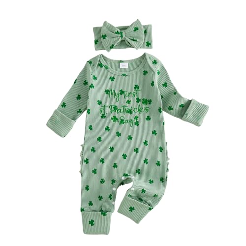 Loalirando Infant Baby Girl Irish Outfit Romper Clover Letter Embroidery Long Sleeve Jumpsuit Onesie with Headband Newborn Clothes (Green, 0-3 Months)
