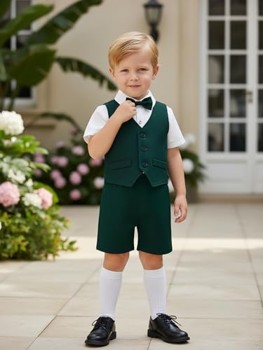Image of Boarnseorl Baby Boys Shorts Sets, Infant Shirt+Shorts+Bow Tie+Vest,Toddler Gentleman Outfits Suits