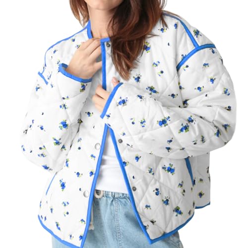Tankaneo Womens Floral Cropped Quilted Jackets Lightweight Fall Casual Coats Color Block Printed Winter Outerwear2