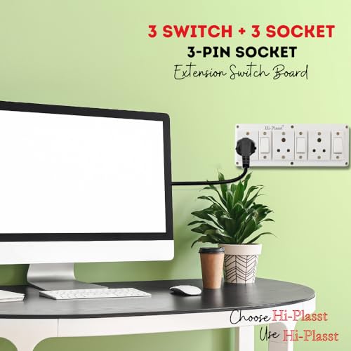 Image of Hi-Plasst 3+3 Pin Extension Board with 3 Switches & 3 Sockets, 6A, 4-Yard Long Cord - Wall-Mountable Power Hub for Home, Office, Diwali Lights, Christmas Decor & Kitchen Appliances