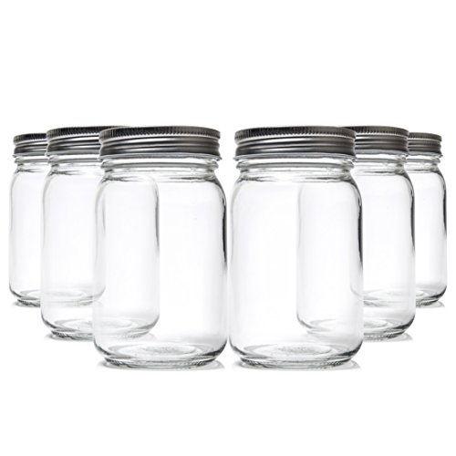 6 Glass Mason Jars with Lids: Jar Set for Food Storage, Pickling and Canning - Six Pack 16 Oz Jars