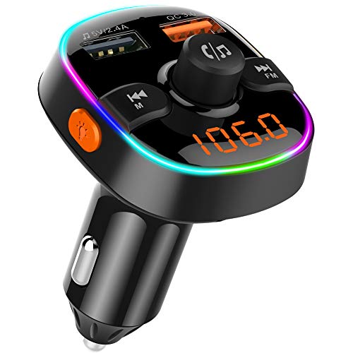 Bluetooth FM Transmitter for Car, BT5.0 Wireless FM Radio Adapter Car Kit with QC3.0 and Smart 2.4A Dual USB Ports, TF Card Mp3 Player