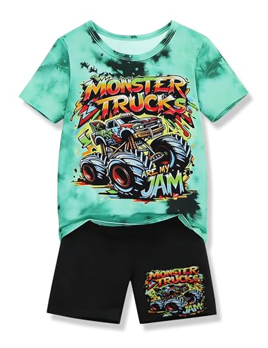 LPHGFZA Toddler Boys 2-Piece Summer Outfit 3D Car Print Tie-Dye T-Shirt & Elastic Waist Shorts for Kids Clothing Set 4-8Y