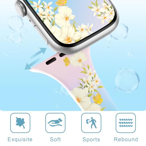 Image of Sport Band Floral Printed Compatible with Apple Watch Bands 49mm 46mm 45mm 44mm 42mm 41mm 40mm 38mm Women, Silicone Flower Printed Fadeless Pattern Design Strap for iWatch Series10 9 8 7 6 5 4 3 2 1SE