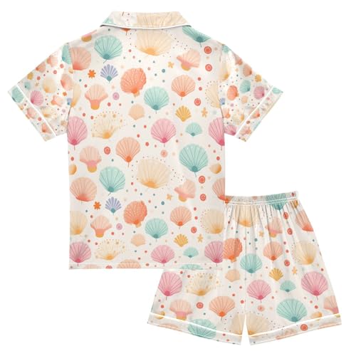 Cartoon Scallop Satin Summer Pajama Sets Silk Short Sleeve Button Down Sleepwear2
