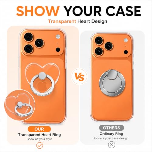 Image of Mizi 2Pack Transparent Heart Phone Ring Holder Kickstand, Bling Crystal Finger Grip Stand with 360 Rotation for iPhone, Samsung, Android Phones & Cases - Silver