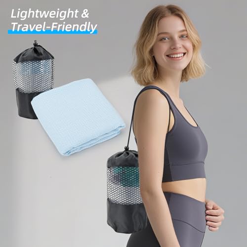 YESLIFE Non-Slip Extra Thick Hot Yoga Towel with One Sweat Towel, Microfiber Sweat Absorbent Yoga Mat Towel with Grip Dot, Pilates Mat, 72\" x 24\", Light Blue