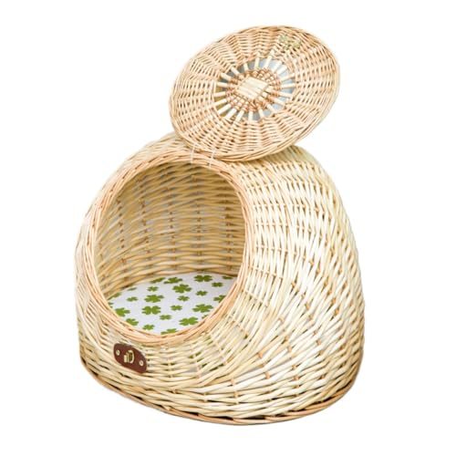 MKHJBFGIペットベッド ラタンの四季ユニバーサルテディカーポータブルキャットハウス、ドア付きでお手入れ簡単 (原色+クッション,L)