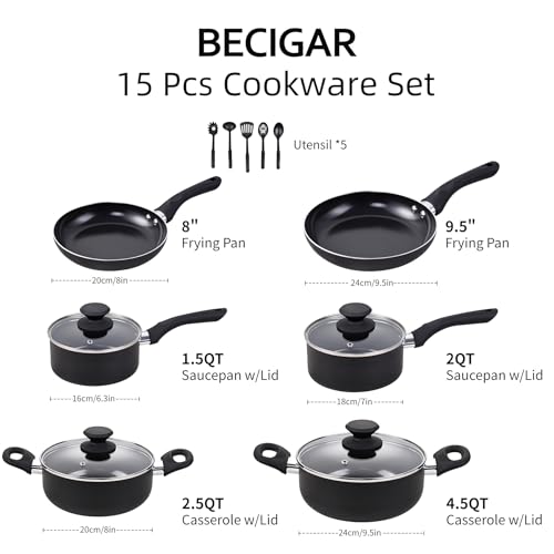 Image of BECIGAR Black Ceramic Pots and Pans Set, 15PCS Nonstick Set Ceramic Cookware Set, Nonstick Pan Pots and Pans Set Non Stick Cookware set