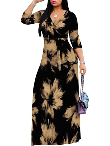 Image of Plus Size Maxi Dress for Women V Neck Flowy Dresses with Pockets for Wedding Guest Church