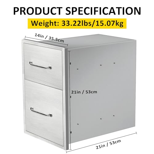 Image of Outdoor Kitchen Drawers 14 inch W x 21 inch H x 21 inch D Flush Mount Double BBQ Drawers with Chrome Handle Stainless Steel Drawer for Outdoor Kitchen Island, Patio Grill Station