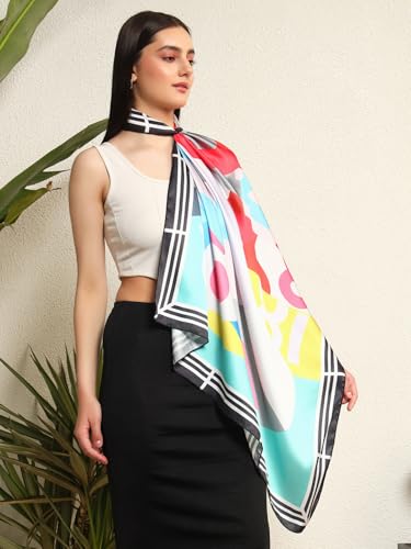 Image of Ravaiyaa - Attitude is everything Women Silk Digital Print Large Square Scarf Breathable Lightweight Neckerchief Printed Headscarf 40 inch x 40 inch Inch