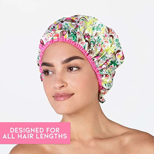 Reusable Shower Cap & Bath Cap & Lined, Oversized Waterproof Shower Caps Large Designed For All Hair Lengths With Peva Lining & Elastic Band Stretch Hem Hair Hat - Fashionista Tropical #TOP2