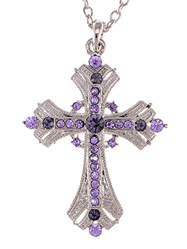 Image of Alilang Silvery Tone Religious Cross Pendant Necklace w /Aquamarine Blue Or Clear Crystal Rhinestones