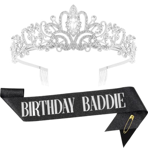 FASOTY Birthday Baddie Sash and Crown Tiara - Black Glitter Sash with silver Foil Birthday Baddie Sash and Crown for Women Girls Funny Birthday Party Favor Supplies