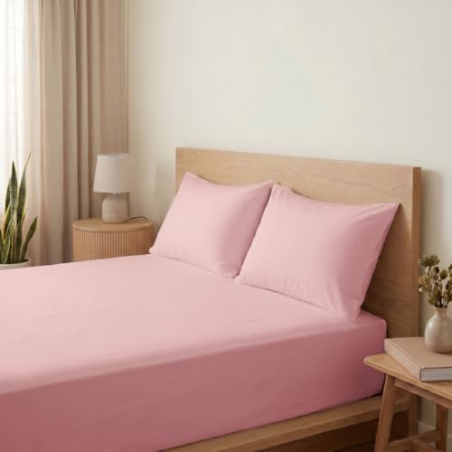 Image of Blue Dahlia 100% Cotton, Queen Size Bedsheet (90 inch x 100 inch) + 2 Pillow Covers, Percale Weave, 200TC Solid Premium Bedsheet, Colour: Soft Pink