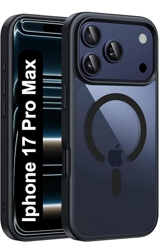 Image of Compatible iPhone 17 Pro Max Case,(Compatible with MagSafe) Non Yellow Military-Grade Drop Protection & Hard PC Back Cover Slim Transparent Anti-Scratch Shockproof Phone Case - Black