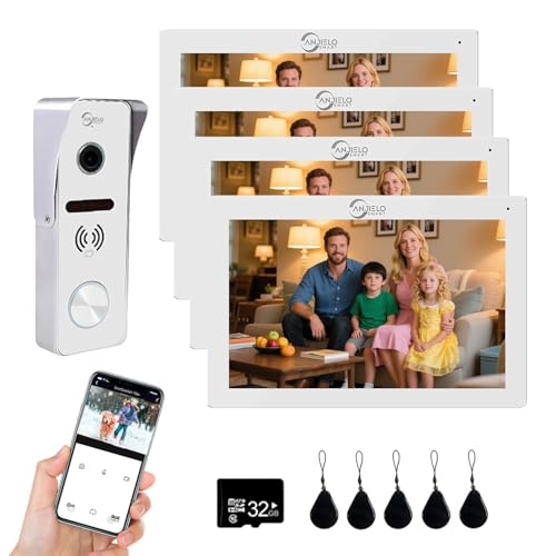 Sistema de intercomunicación con videoportero con cable Monitor de 7 pulgadas Cámara HD 1080P Videoportero Cámara para puerta TUYA, kits de videoportero WiFi (1 timbre + 4 monitor)