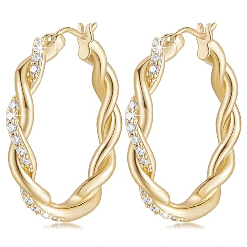 ENROSE Gold Hoop Earrings 14K Gold Earring for Women Twisted Large Hoop Earrings Minimalist Diamond Earring Jewelry 29mm*4mm