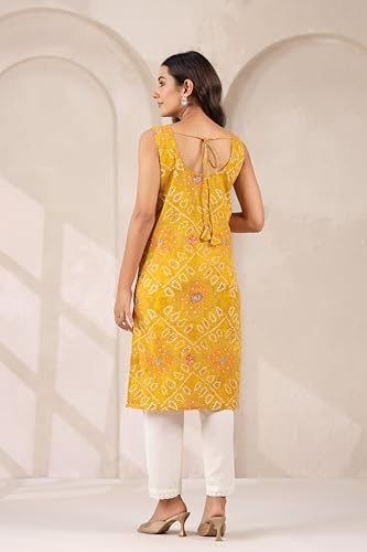 Image of Ichaa Women's Pure Cotton A-Line Sleeveless Round-Neck Ethnic Short Kurta for Daily and Office Wear, in Plus Sizes