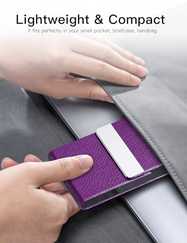 Image of Padike PU Leather Business Card Holder for Women Slim Pocket Business Name Card Holder Stainless Steel Business Card Case with Magnetic Shut (Purple)
