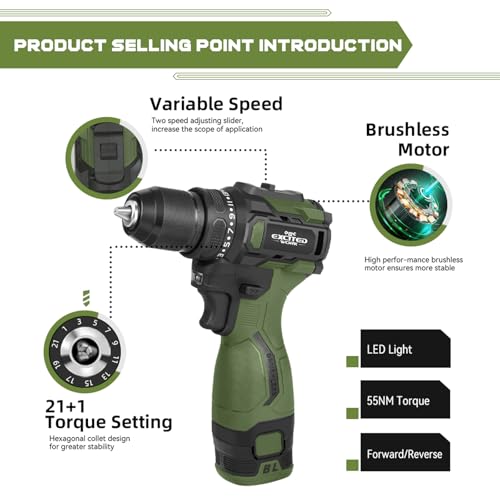 Image of 17V Brushless Power Drill Cordless, 55Nm Electric Drill Set with 2 1500mAh Batteries, 2 Variable Speed, 20+1 Torque Setting and LED Work Light