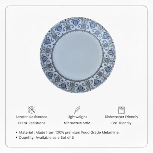 Image of Melamine Quarter Plates | Round Half Plate | Microwave Safe | Break Resistant | Plates for Snacks, Lunch, Dinner | Plates for home, Office, Restaurant | Set of 6 | 7 Inch's (BLUE DIAMOND)
