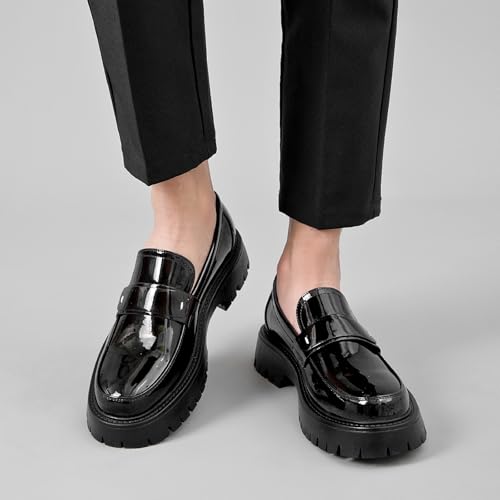 Men's Patent Leather Platform Penny Loafers Fashion Round Toe Slip-On Lug Sole Dress Shoes for Business Work Daily Wear4