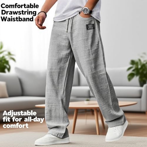 Men's Casual Hemp Fabric Embroidered Pants Drawstring Loose Elastic Waist Pocket Trousers2