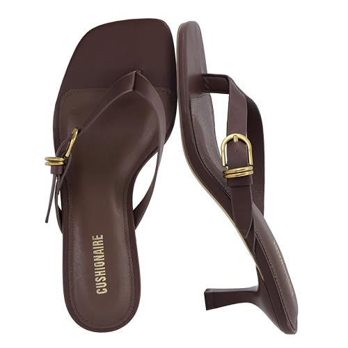 CUSHIONAIRE Marlin Low Kitten Heels for Women Thong Style Dressy Heeled Womens Sandals with Adjustable Buckle Closure CHOCOLATE 9