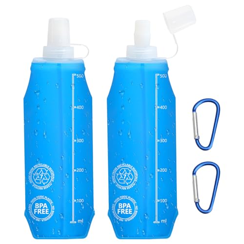 VOSSOT Faltbare Trinkflaschen 2 Stück 500ml mit Karabiner Ultraleicht Soft Flask BPA-frei, Sportflasche, Auslaufsicher, Platzsparend Perfekt zum Joggen, Wandern, Camping, Radfahren und Outdoor