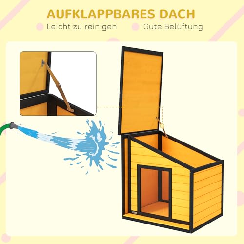 PawHut Hundehütte aus Holz, Hundehaus mit zu öffnendem Asphaltdach und Türvorhang, Outdoor Hundehaus, Kleintierhaus für kleine Hunde, draußen, Wetterbeständig, Gelb, 71 x 58 x 53/77 cm