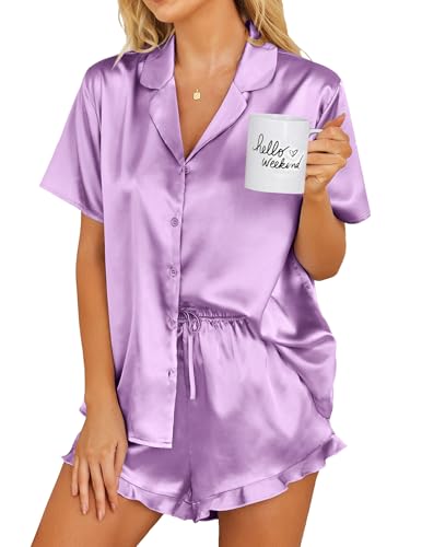 Image of Ekouaer Womens Satin Pajamas Set Button Down 2 Piece Silk Pjs Shorts Set Ruffle Lingerie Notch Collar Sleepwear