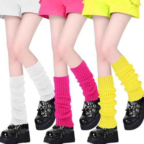ecdiykit 3 Pairs Leg Warmers for Women Winter, Leg Warmers 80s Fashion Knit Leg Warmer Socks for Party Dance Sports, Yellow, White, Rose Red